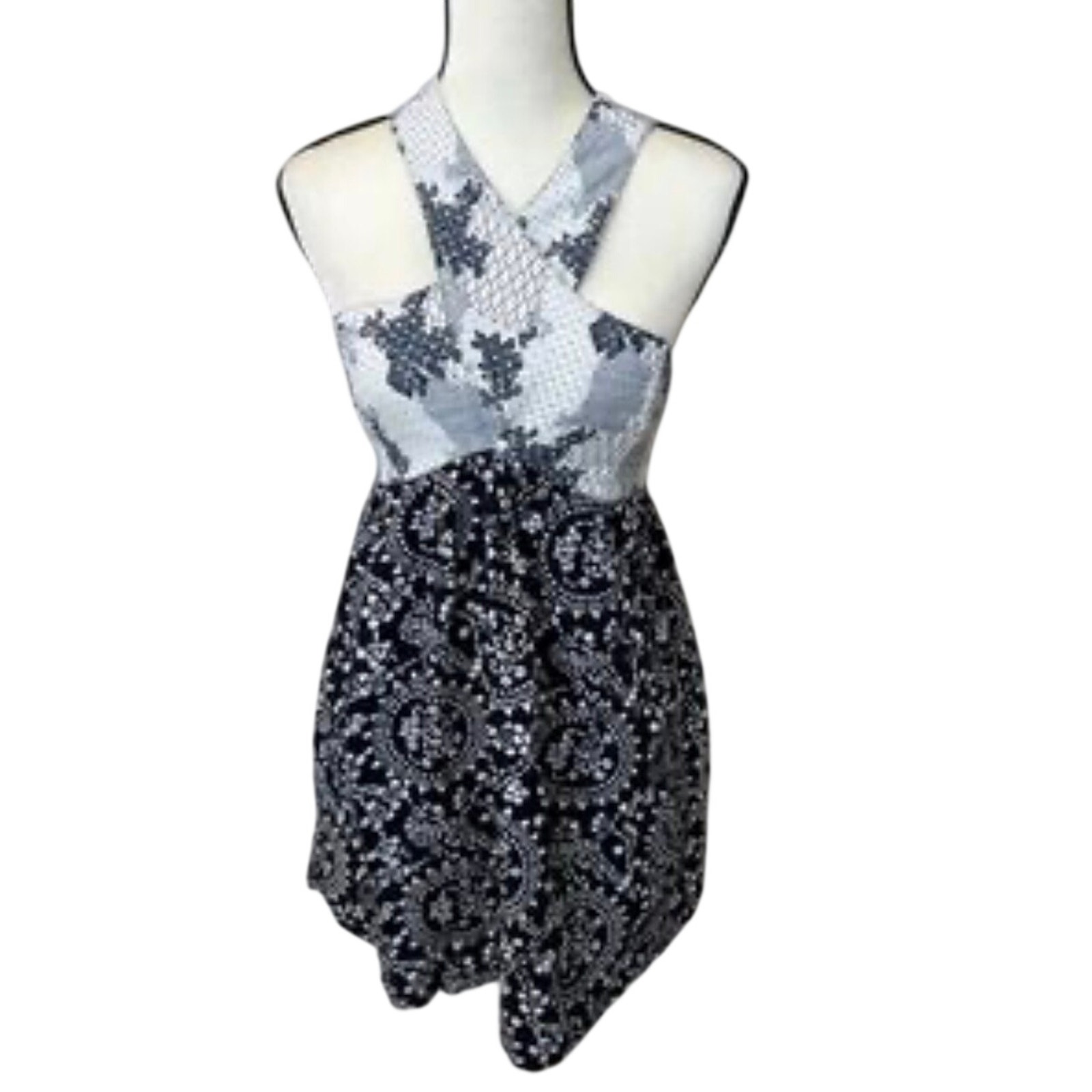 Free People Navy White Mixed Print Halter Mini Dress With Back Cutout Pockets 0